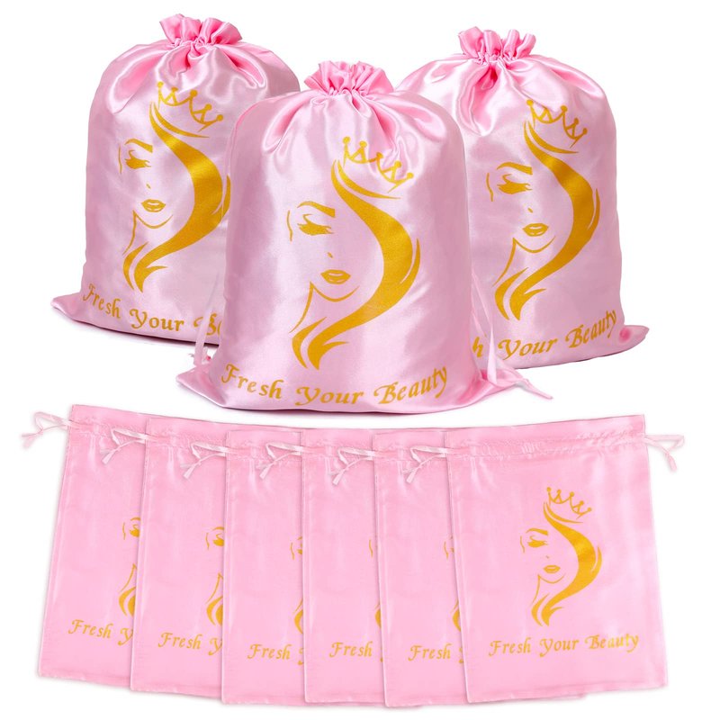 AIHOPESTO 6PCS Satin Storage Pouches for Multiple Hair Pieces - Silk Drawstring Organizers for Bundles, Extensions & Packaging (Pink)