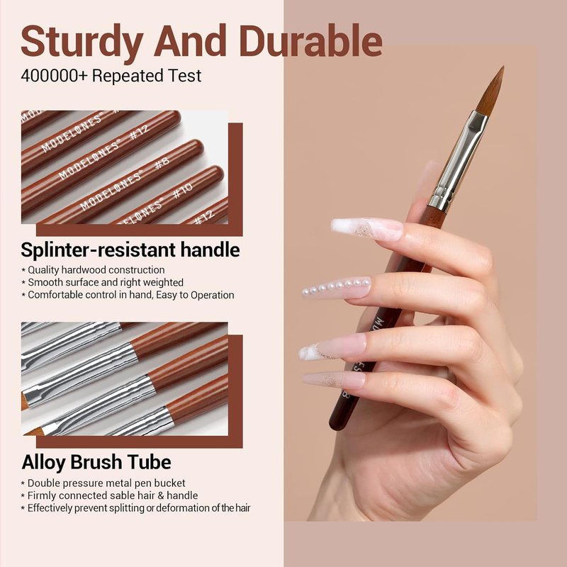 Modelones Kolinsky Acrylic Nail Brush Set - Round Brushes for Acrylic Powder & Gel Polish | Sizes 8, 10, 12