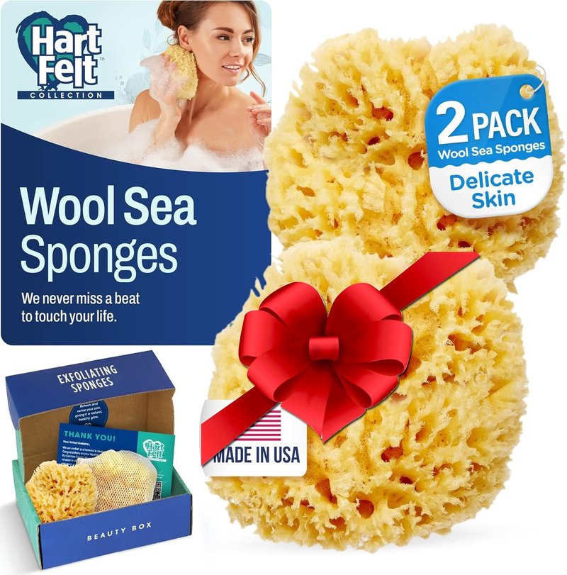HartFelt Wool Sea Sponge Beauty Box for Delicate Skin | 2 Bath Sponges for Shower Women & Men 4 in | Natural Sponge with Mesh Bag for Cleaning & Drying | Chemical-Free Body Sponge Set - Gift Box