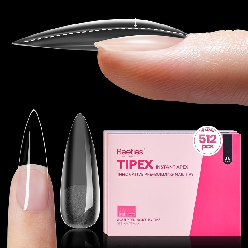 Beetles Nail Tips - Long Stiletto Apex Tips, 512pcs, No Builder Gel Required | 16 Sizes (00–14)