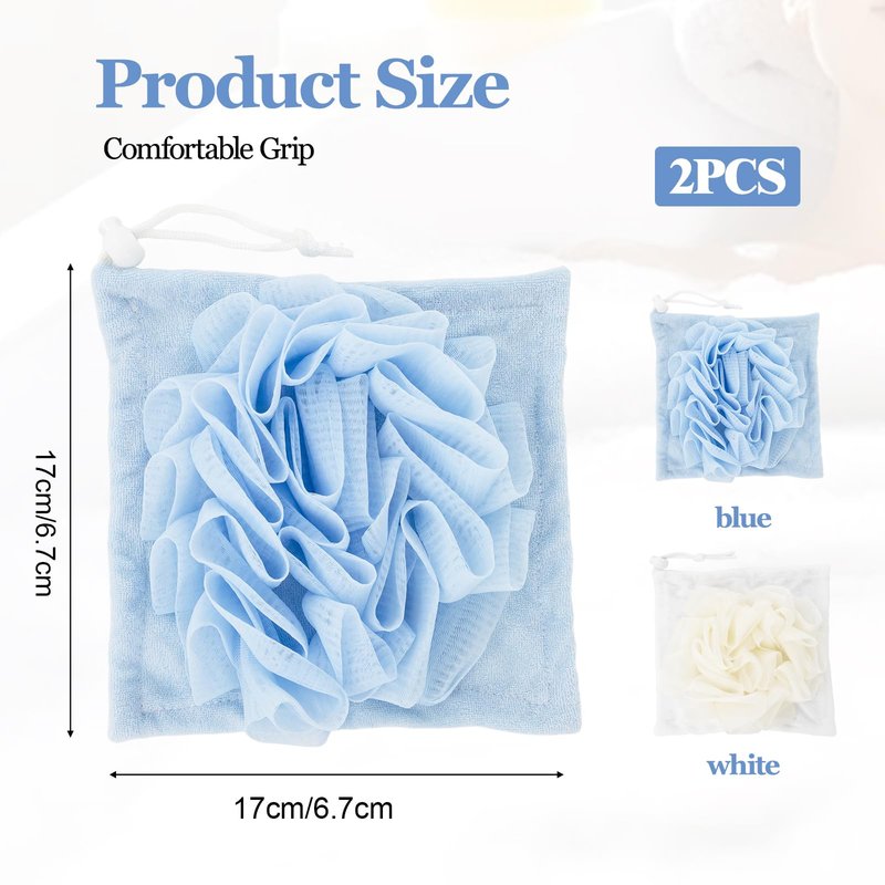 2 Pcs Bath Sponge with Drawstring,that Holds Bar Soap,for Cleansing and Smooth Skin,2 in 1 Loofah Washcloth Combo Soap Bar Loofah(White, Blue)