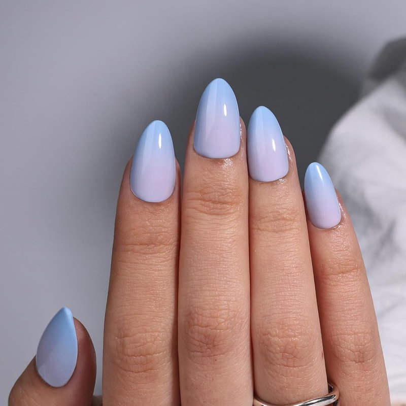 Ombre Press On Nails - Blue Almond French Tip Set | Reusable Fake Nails Kit with Glue, 32 Nails in 16 Sizes