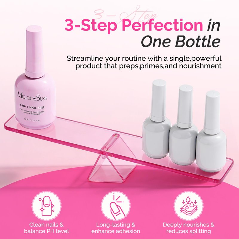 MelodySusie 30ML Nail Dehydrator and Primer, 3-in-1 HEMA-Free Acid-free Nourishing Nail Prep for Nail Thickening Solutions Acrylic & Gel Nails