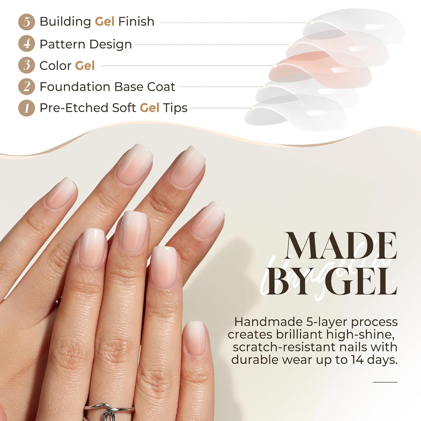 UNA GELLA Press On Nails - Ombre Soft Gel Short Square Kit with Adhesive Tabs & Nail File | 32 Reusable Fake Nails in Nude Cream