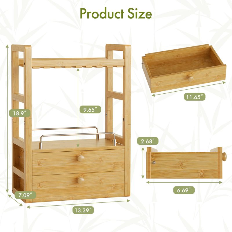AmazerBath Bamboo Bathroom Countertop Organizer, 2-Tier Makeup Organizer with 2 Drawers, Vanity Organizer Storage Coffee Matcha Station, Compact Shelf for Bathroom Kitchen Office
