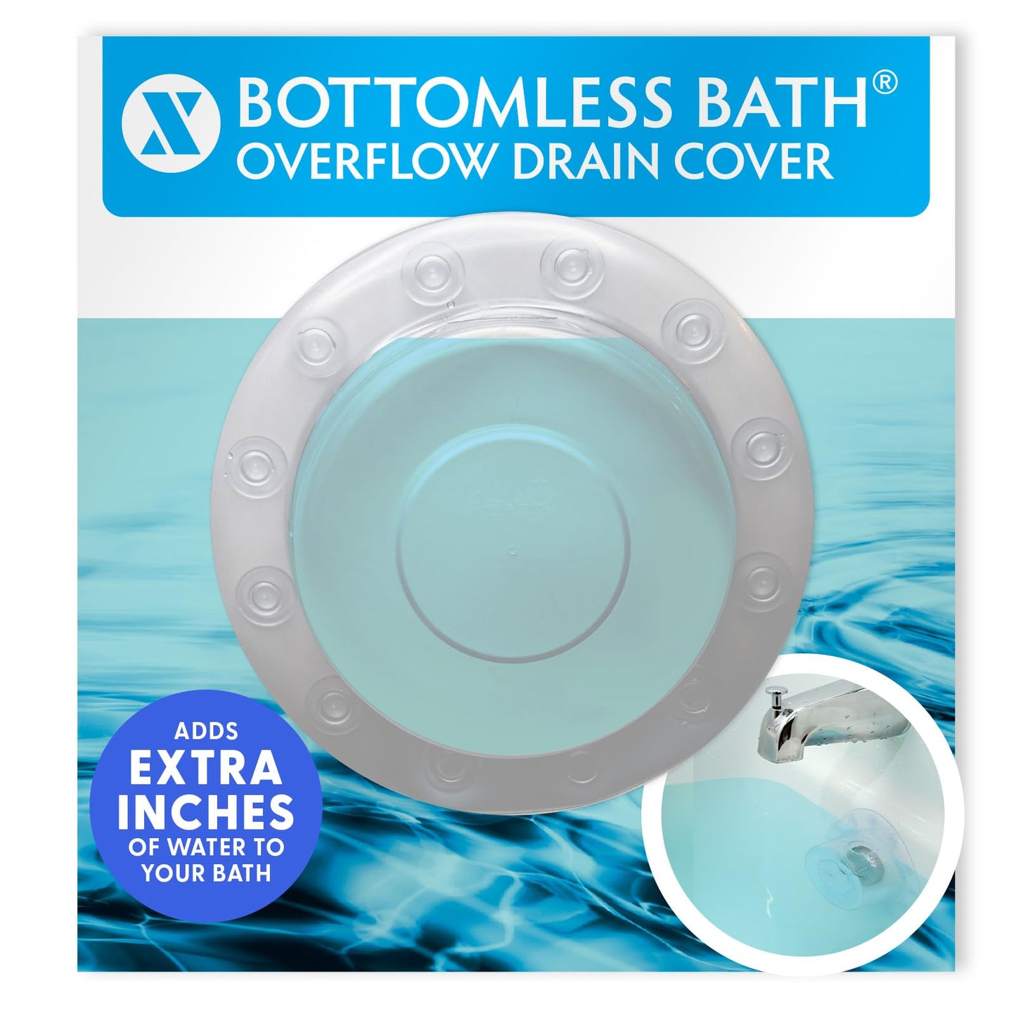 SlipX Solutions Bottomless Bath, Essential Overflow Drain Cover for Bathtub, Best Bath Accessories for Women, Adds Inches of Water to Your Tub for Deeper Soak, 4" Diameter, Clear