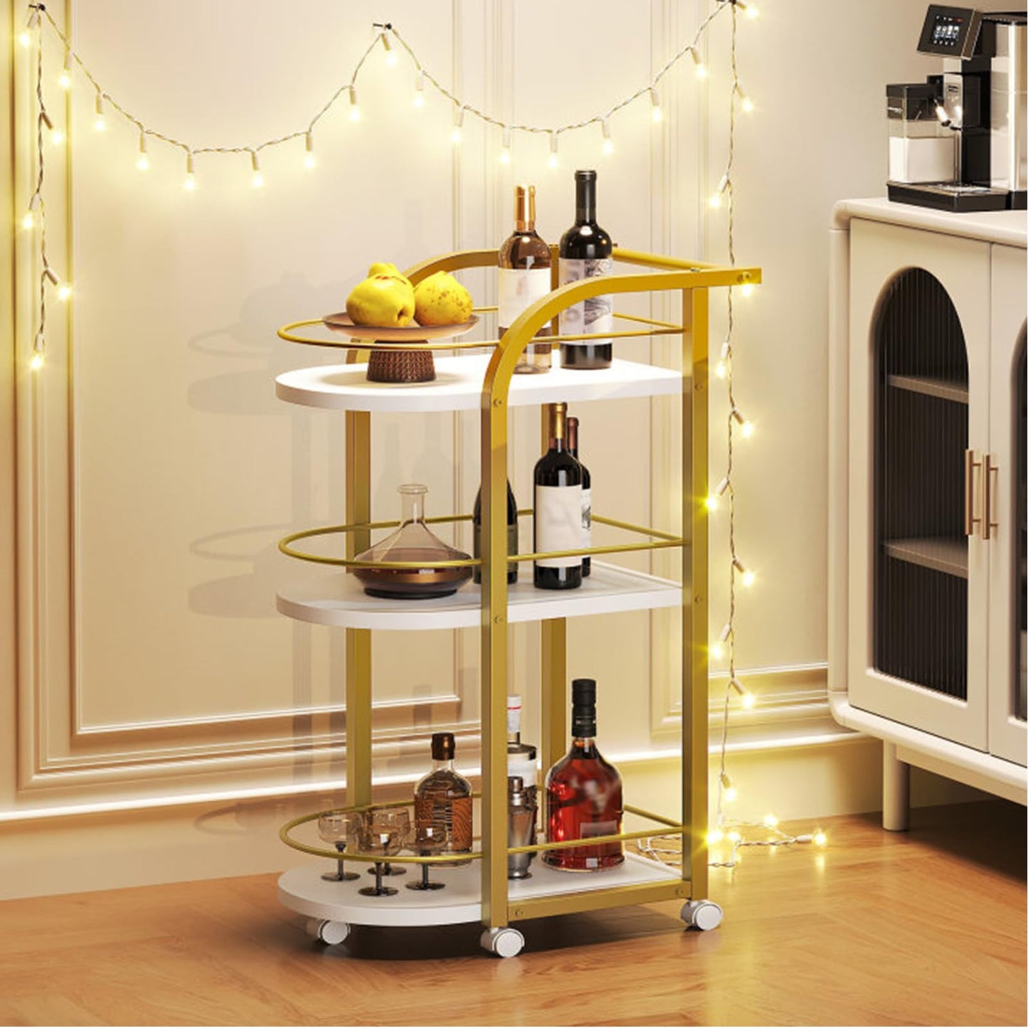 YATINEY 3-Tier Bar Cart, Home Bar Serving Cart with Fence and Wheels, for Dining Room, Living Room, Garden, Party, White and Gold BC06DW