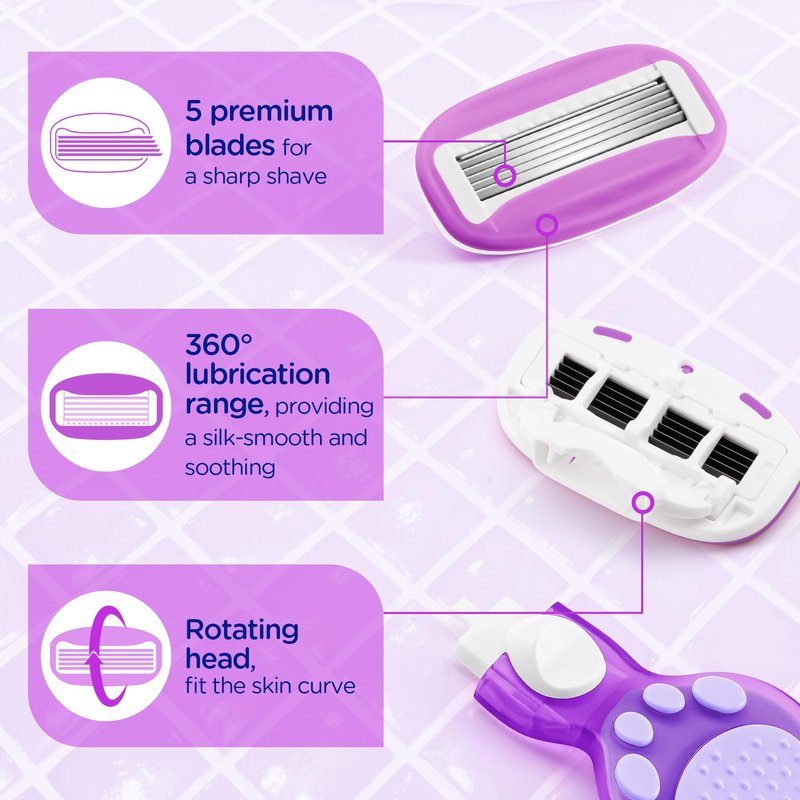 DreamGenius Women’s Razor Blades Refills Include 4 Cartridges, Extra Smooth 5-Blade Travel Razor Refills for Comfort Shaving, Purple