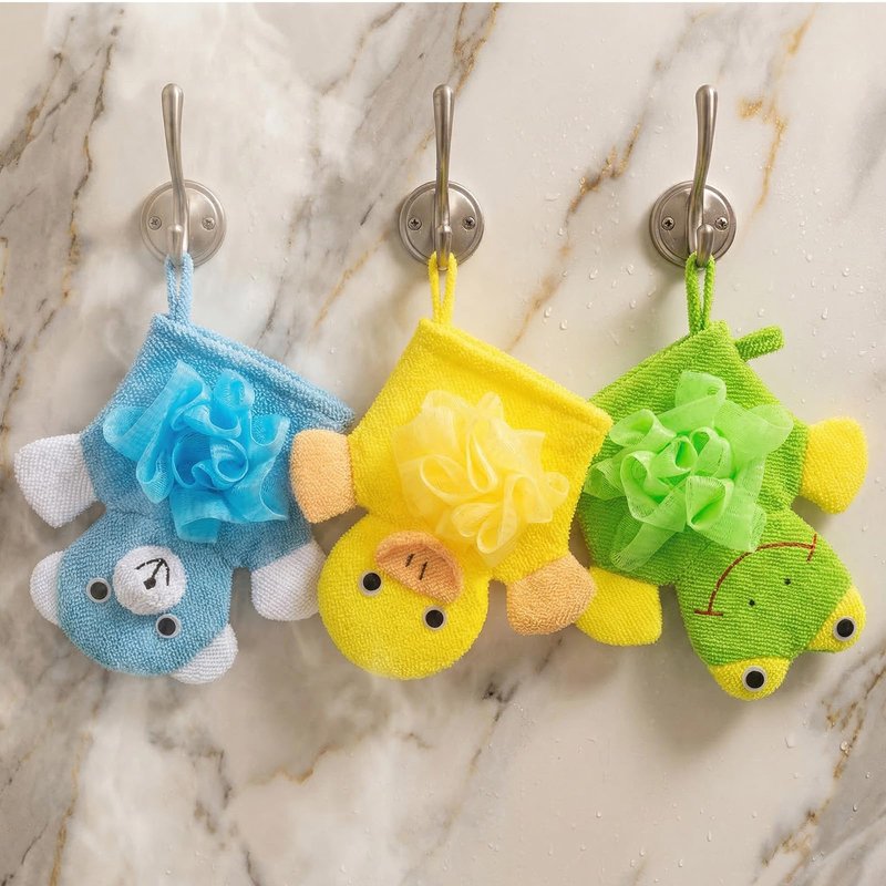 Qianyu 3pcs Bath Mitt Washcloth Glove Body Scrubber Cute Cartoon Design Exfoliating Glove Gentle Soft Scrub Loofah Bath Sponge for Kid Shower Washing Easy Lather (Blue/Green/Pink)
