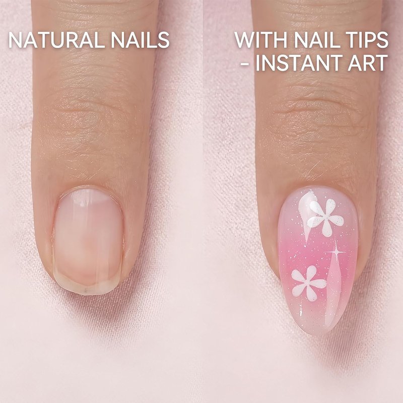 Pink Ombre Press-On Nails - Medium Almond 24 Pcs | Glossy Gradient Floral & Glitter Designs, Reusable Manicure Kit for Women & Girls