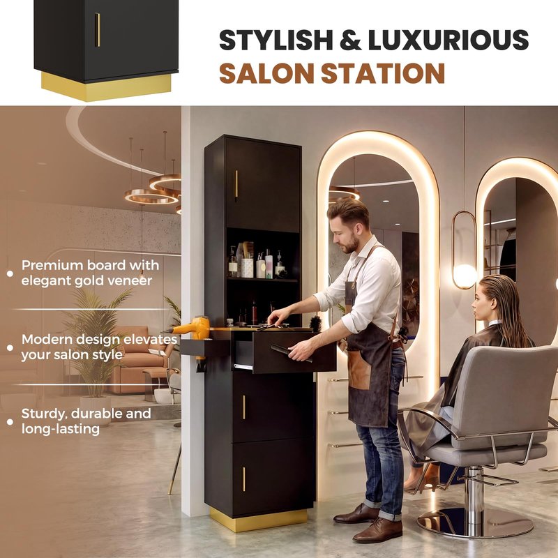 Oakvera Salon Stations for Hair Stylist, Tall Hair Salon Station with 6 Tools Holders, a Drawer, 2 Open Shelves & 3 Large Storage Cabinets for Salon, Spa & Beauty, Black