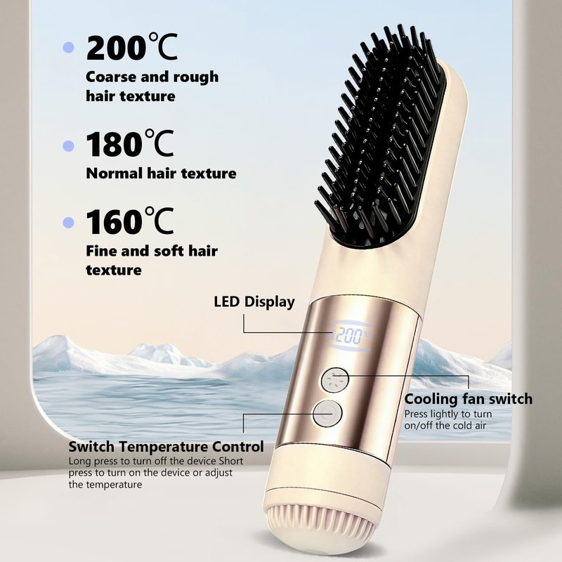 Go Brush Pro 2026 Hair Straightener, 3-Temperature Fast Heating Ceramic Ionic Hair Brush, Portable Frizz Control Styling Tool for Women, Beige