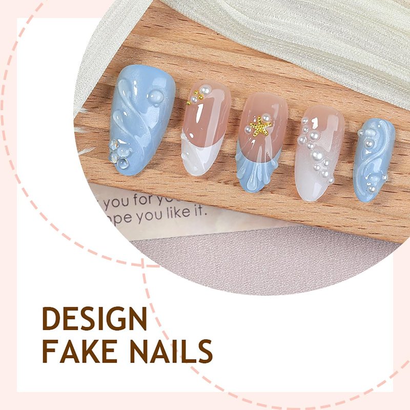 Blue French Tip Press On Nails Almond Shape Fake Nails with 3D Wave & Pearl Design, Glossy Summer Acrylic Nails for Beach, Vacation, Party & Daily Wear (30 PCS)