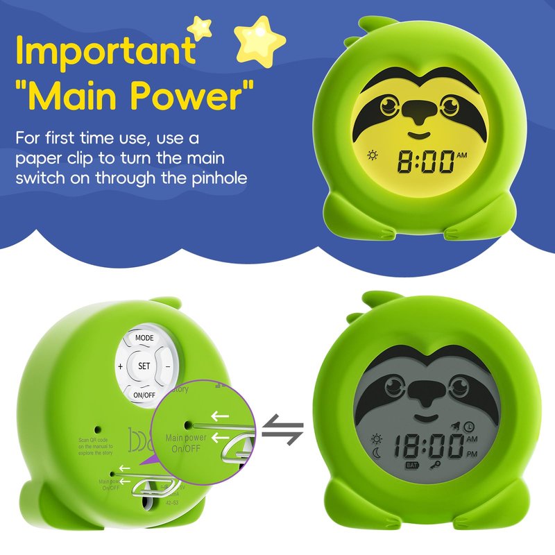 B&H Sleep Trainer Clock for Toddler - Ok to Wake Clock, USB Rechargeable Cute Kids Alarm Clock, Drop Proof Night Light, Science-Backed Lighting for Peaceful Sleep and Ready to Rise Mornings - Sloth