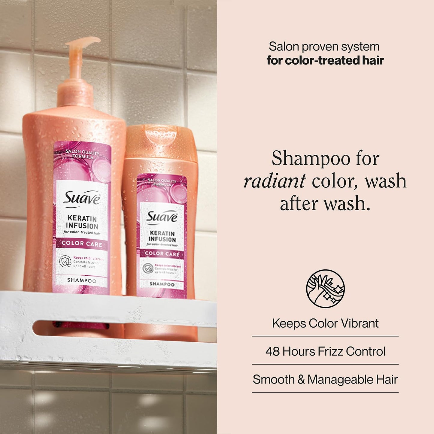 Suave Shampoo, Keratin Infusion Color Care 2-Size Bundle – pH-Balanced, Anti-Frizz Products, Hair Strengthening Moisture