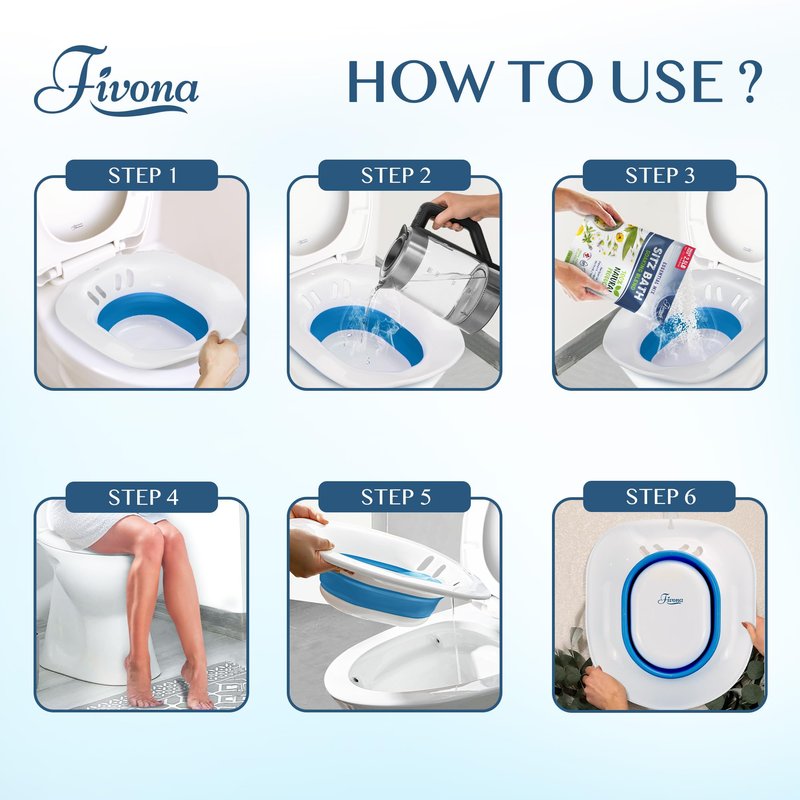 Fivona Sitz Bath for Toilet Seat Postpartum and Hemorrhoids Care - Yoni Steam Seat - Foldable Basin for Epsom Salt Soak - Portable Bidet BPA Free Temperature Resistant - Universal Fit - Blue