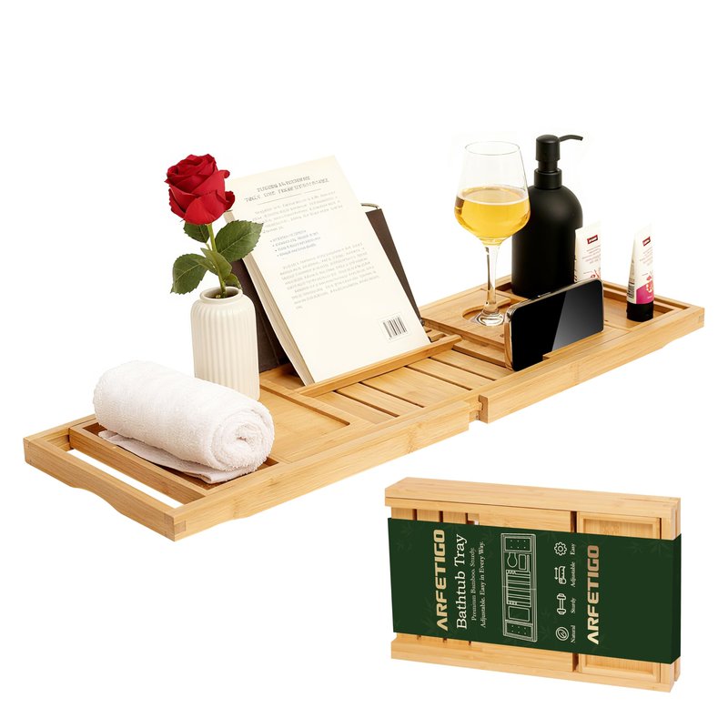 ARFETIGO Premium Bamboo Luxury Foldable Bathtub Tray - Natural Bamboo Bath Tray for Tub, Bamboo Bathtub Shelf, Expandable Bath Table Trays, Bathtub & Bathroom Accessories for New Home & Great Gifts