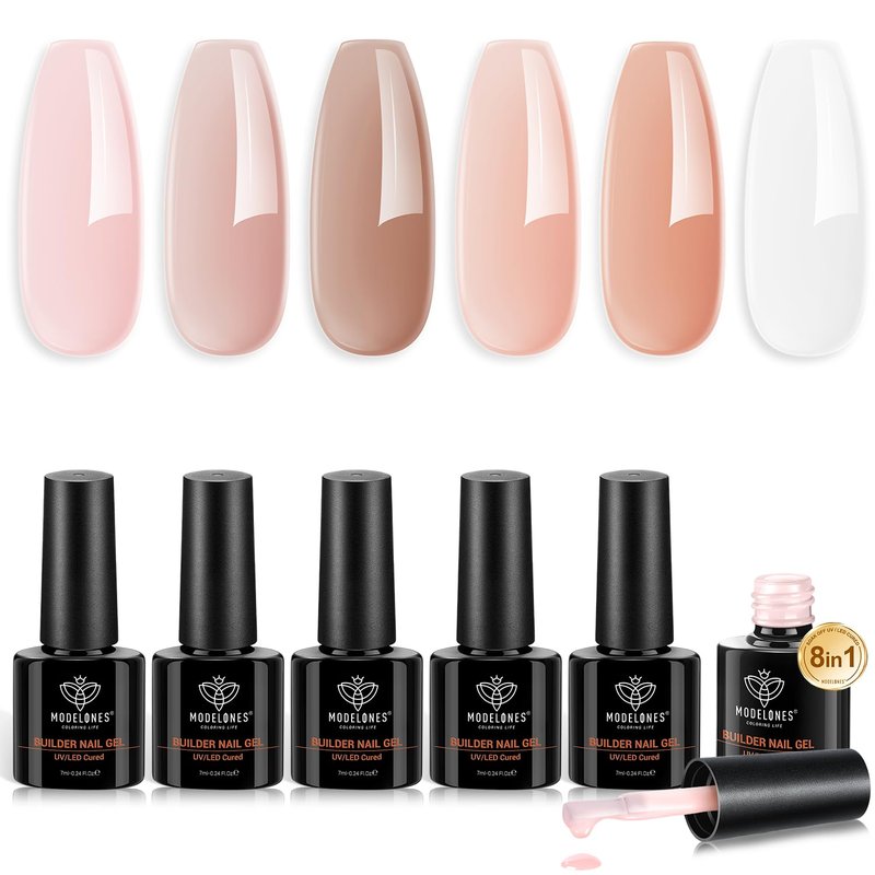modelones Gel Polish Builder Nail Gel, Base Colors 8-in-One Jelly Caramel Brown Nude Pink Clear Builder Nail Gel Polish for Hard Extension Rubber Lamp Cured 6 Colors