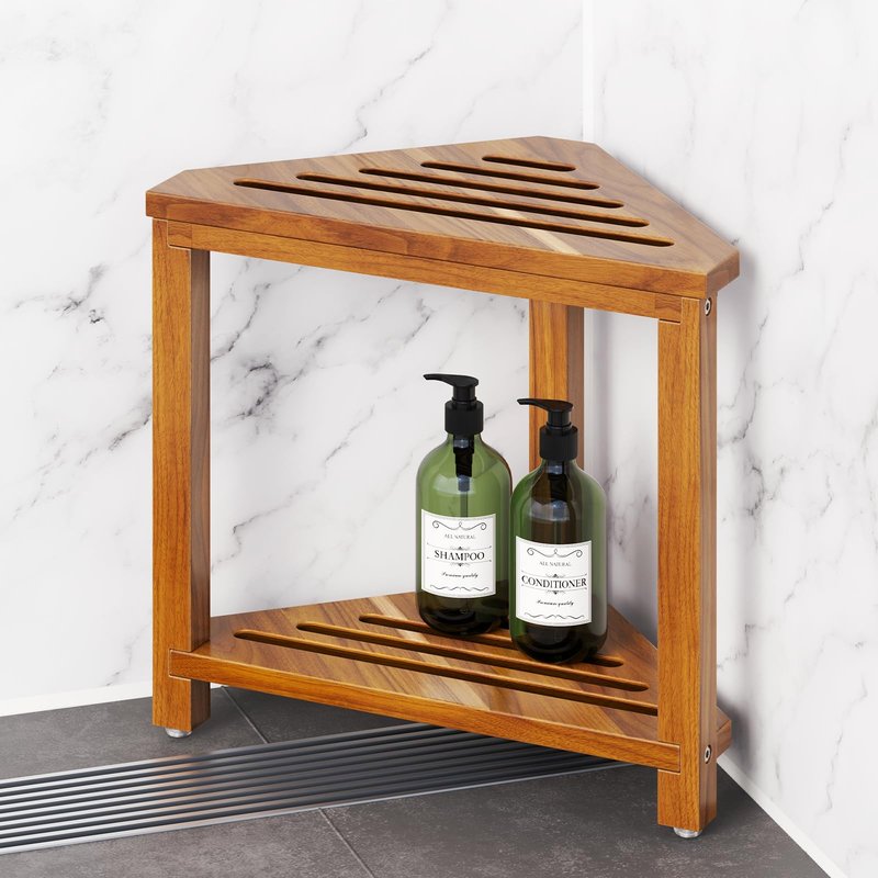 Kzeirm Corner Shower Stool for Inside Shower, 14" Shower Foot Rest Stool for Shaving Legs, Acacia Wood Corner Shower Shaving Step Stools, Waterproof Leg Shaver Foot Rest Bench Seat