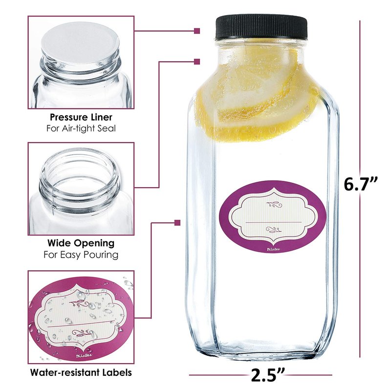 DilaBee 12-Pack Glass Juice Bottles with Lids - 16 oz Glass Bottles with Lids for Juice, Smoothie, Milk & Kombucha, Reusable Glass Water Bottles with Caps - Bulk Glass Bottles for Juicing BPA Free
