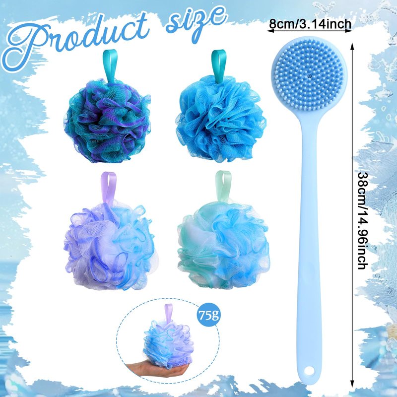 Qinyoung 4 Pcs Loofah Sponge with Soft Silicone Back Scrubber for Shower 15'' Long Handle Body Brush Exfoliating Bath Sponge for Women Men, Body Scrub, Shower Pouf Bath Accessories Soap, Blue