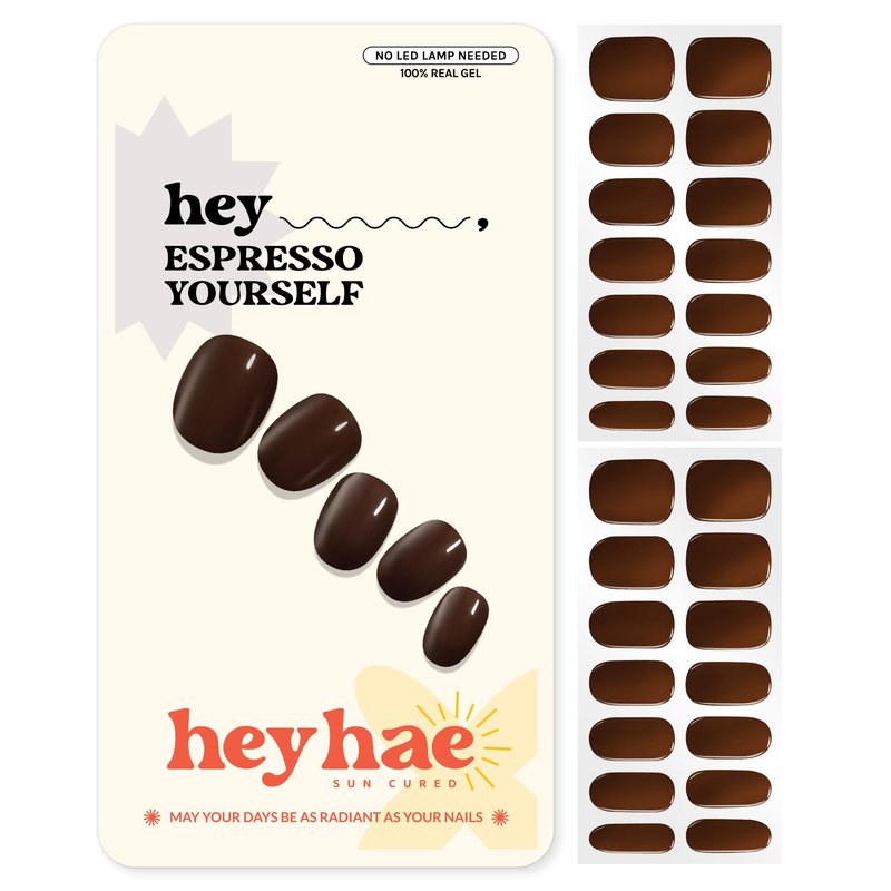 Heyhae Semi Cured Gel Nail Strips | No LED Lamp Needed | Fall, Solid, Brown | Easy Apply & Remove, Salon Quality | Includes 28 Strips, 1 Prep Pads, Nail File & Wooden stick - Hey, Espresso Yourself