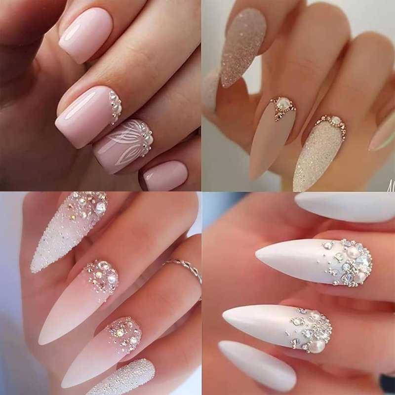 Nail Art Pearls with Nail Rhinestones Glue Gel Flatback Pearls Nail Charms Luxurious Nail Supplies Accessories Gold Silver Nail Gems Jewelry Pearls for Women Nail Design