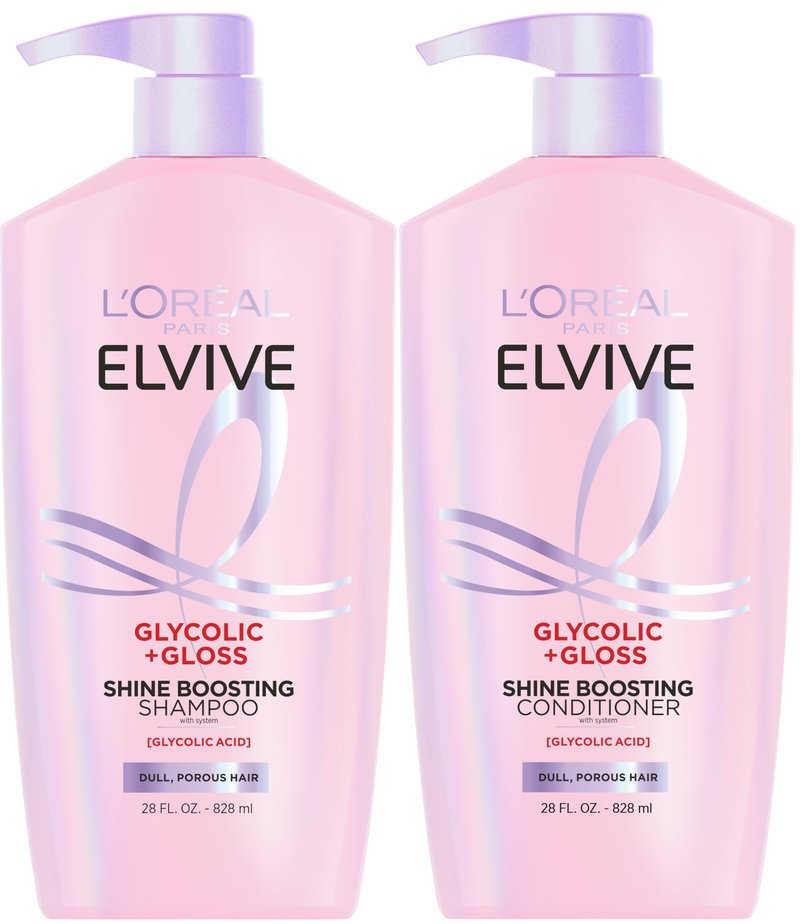 L'Oreal Paris Elvive Glycolic + Gloss Shine Boosting Shampoo and Conditioner Set, Cleanses and Smooths Dull, Porous Hair Into High-Shine, Glossy Hair, 1 Kit