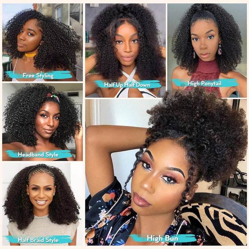 QUANDIAN Kinky Curly Half Wig Human Hair 26 Inch Wear Go Glueless Wigs Human Hair 200% Density Curly Half Wigs for Black Women Human Hair Afro Curly Drawstring Seamless Flip Wig Invisible Hairline