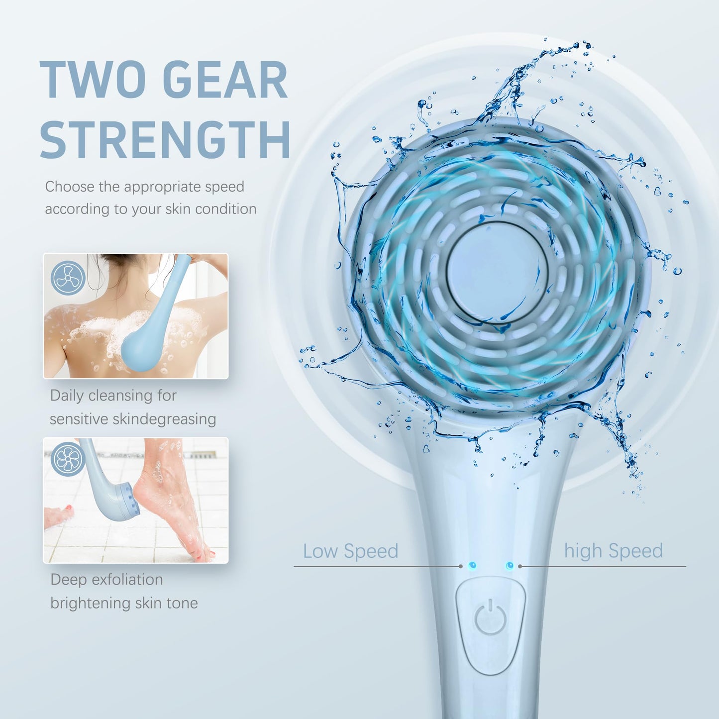 ZOFGENOW Electric Body Brush, Waterproof Back Scrubber for Shower with Long Handle and 3 Heads, Rechargeable Exfoliating Brush for Body and Foot, Deep Cleansing Massager, Blue