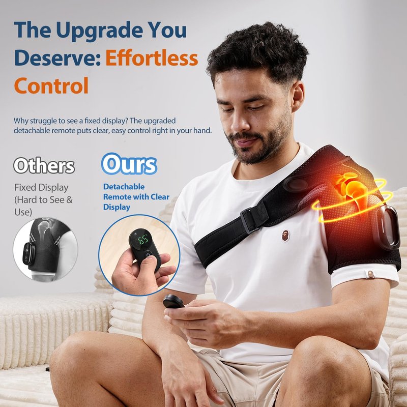 HOMRELEXA Magnetic Detachable Remote Control Shoulder Heating Pad - Cordless Heated Shoulder Massager Wrap with 5 Vibration Modes and 5 Heating Levels, Time Setting, Gift for Men & Women, Black