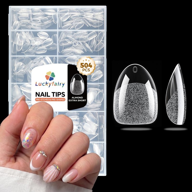 Luckyfairy Extra Short Almond Fake Nails, 504pcs Soft Gel Pre-Shaped Acrylic Nail Tips, Half Matte Full Cover Clear Gelly Press on Flase Nail Tips for Extension Nail Manicure Home DIY 12 Sizes