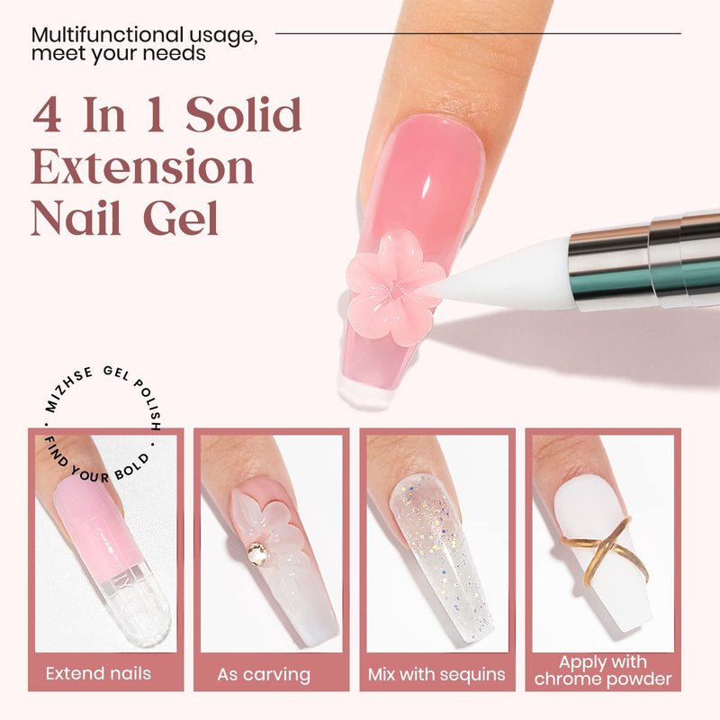 MIZHSE 3D Nail Gel Nail Art Sculpture, Non-Sticky 4 Colors Solid Builder Gel Nude Clear White Pink Hard Builder Nails UV LED Molding Gels Nail Extension for Salon Manicure Home DIY