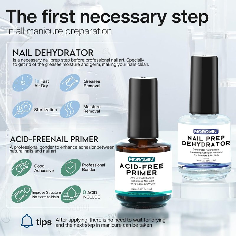 Morovan Nail Prep Dehydrator - Acid-Free Primer for Acrylic & Gel Polish | Fast-Dry Bonding Agent Gift Set
