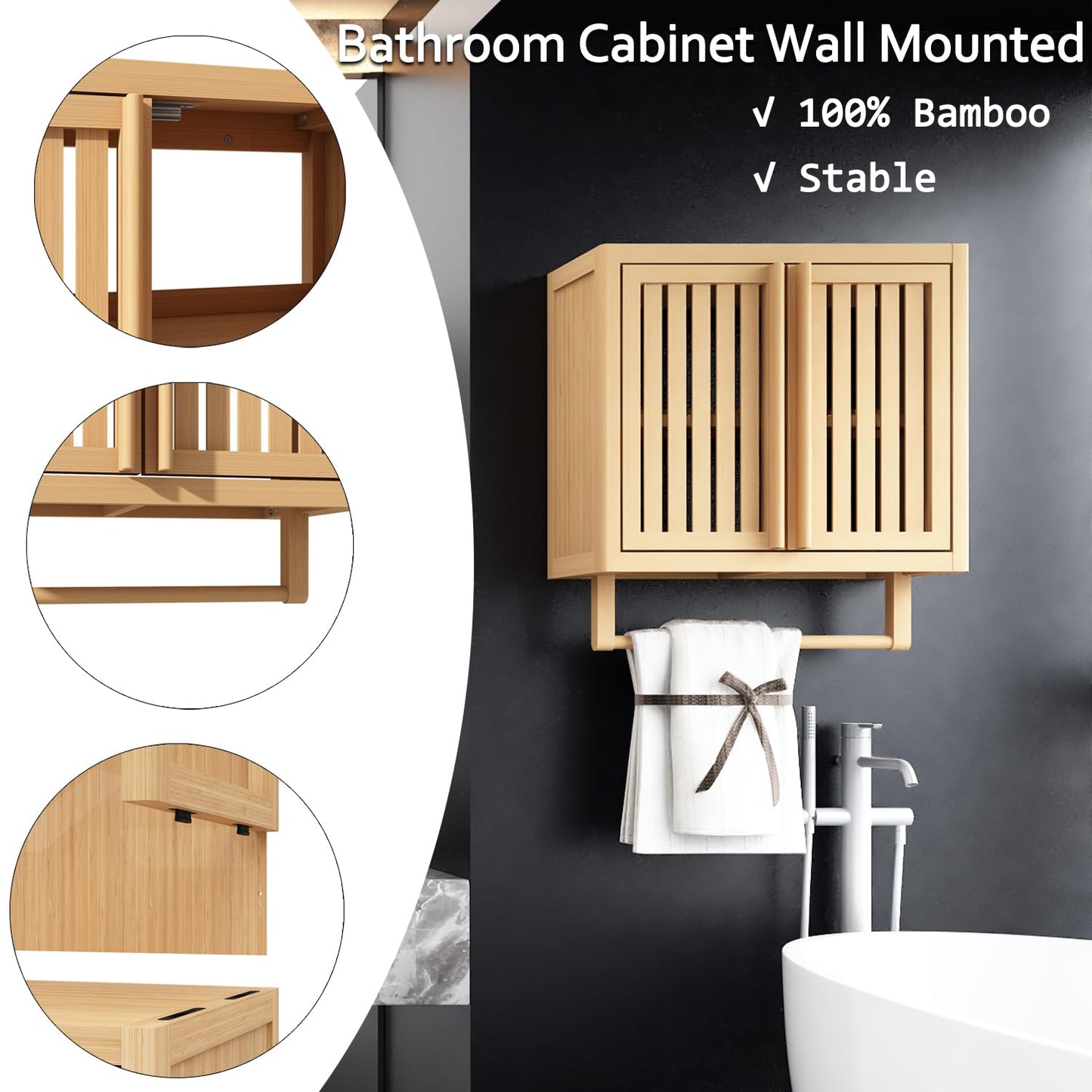 Bamboo Wall Cabinet for Bathroom, Over The Toilet Storage with Towel Bar, Adjustable Shelves, 2-Door Wall Mounted or Free Standing Cabinet for Kitchen, Laundry Room, Natural, 19.7x8.5x21.7In (Classic)