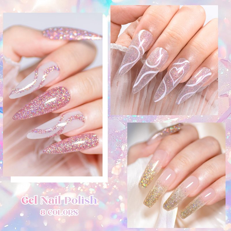 Four Lily Reflective Glitter Gel Nail Polish Set of 8 Colors Pink Red Black Silver Shimmer Sparkle Gel Polish Collection Kit LED Soak Off Nail Polish Manicure Art Gel Kit Home DIY Nail Salon