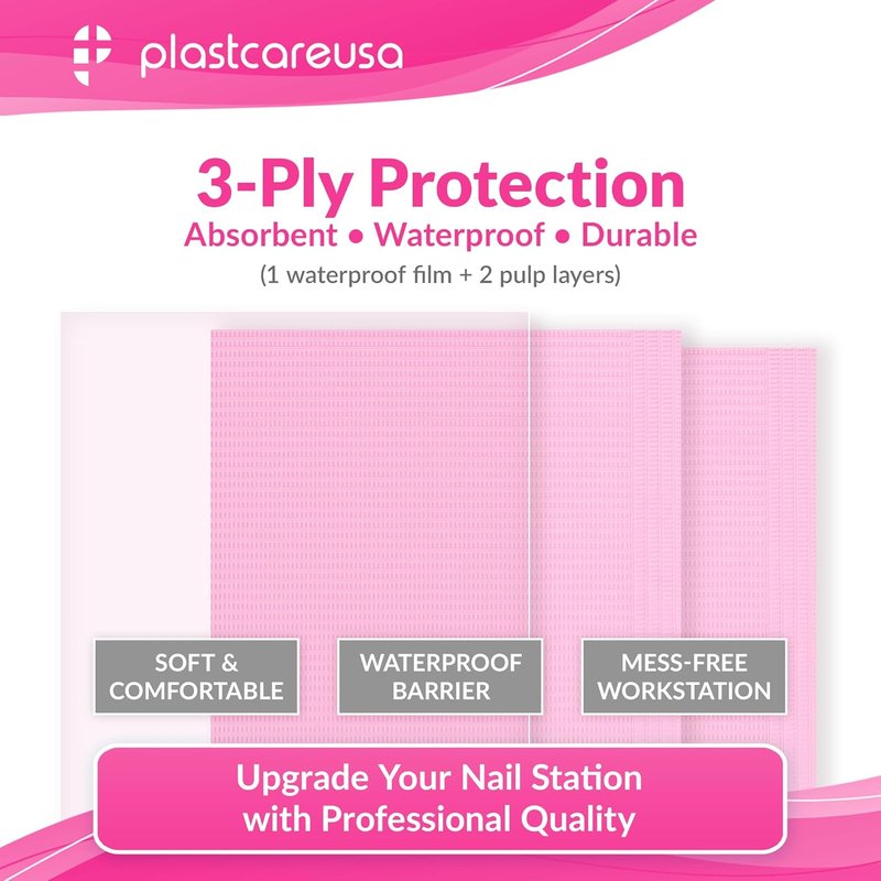 Regine Switzerland Disposable Nail Mats - 50 Pcs Waterproof Manicure Prep Pads | Pink 3 Ply Salon Paper Towels