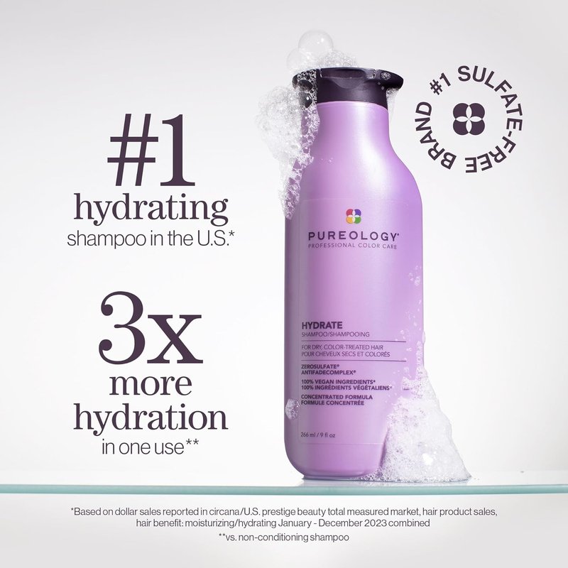 Pureology Hydrate Shampoo - Moisturizing Formula for Dry & Color-Treated Hair | Vegan, Sulfate-Free with Rose Extract & Green Tea