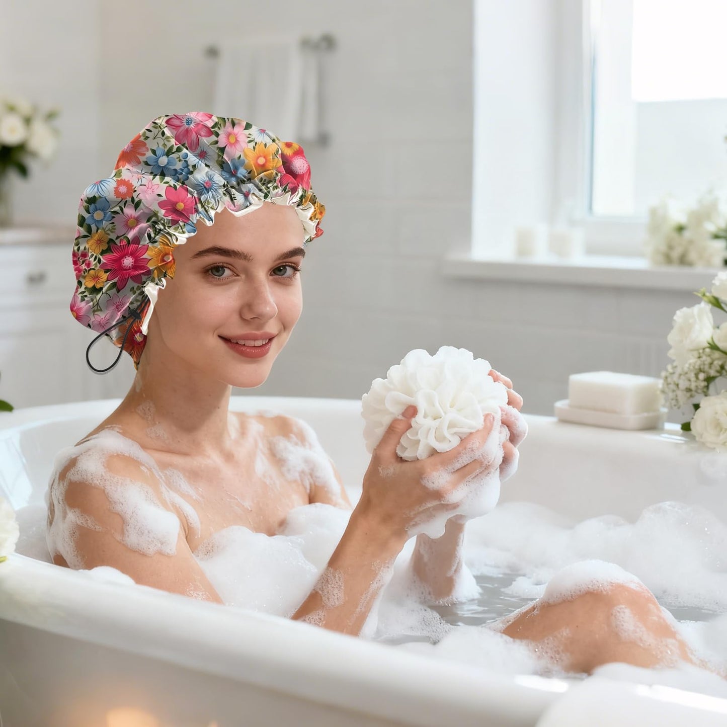 BHAHB Shower Cap Reusable Double Layer Adjustable Elastic Waterproof EVA Hair Bath Caps for Women Girls Cute Aesthetic-Flowers