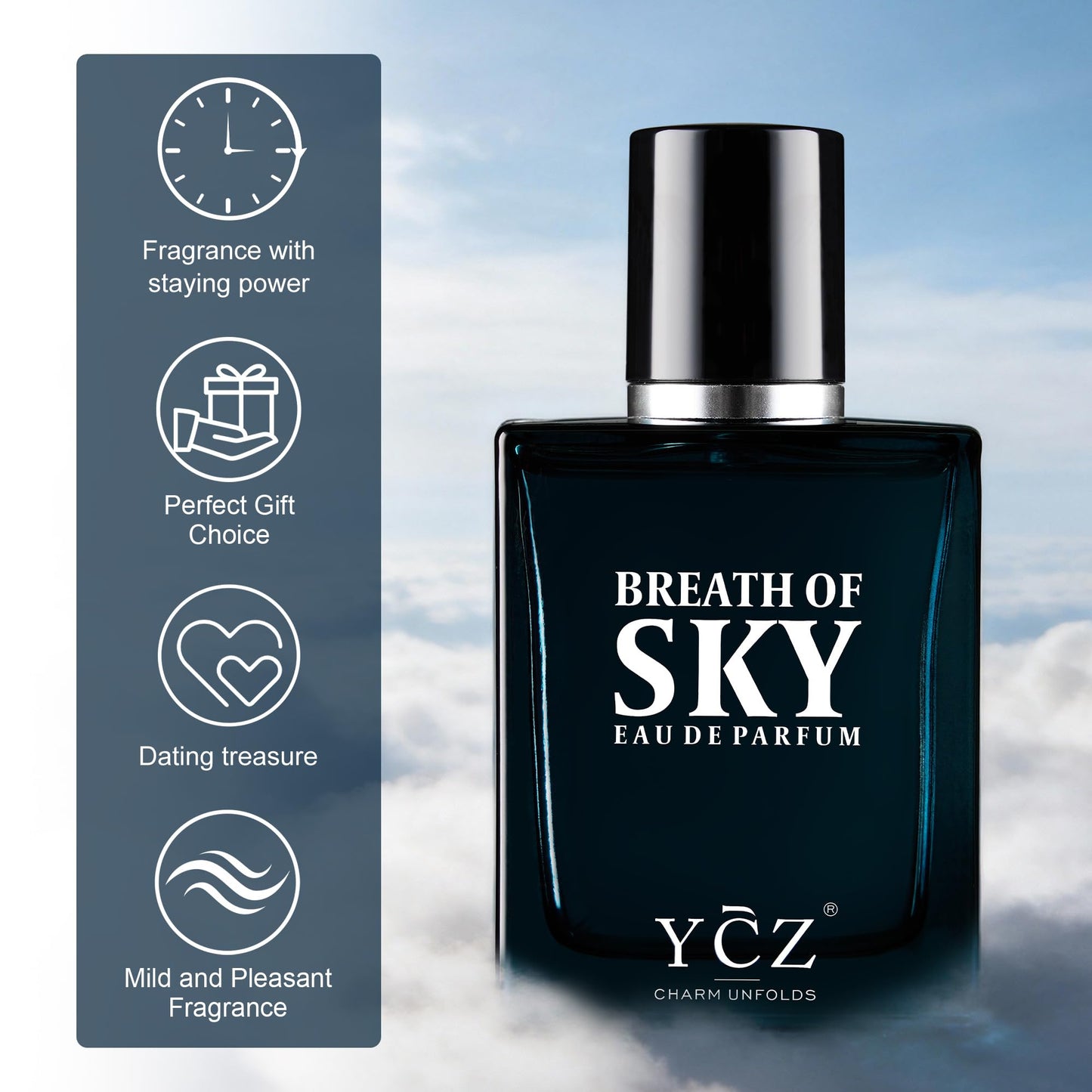 Ycz SKY Cologne for Men, 1.7oz Long-Lasting Eau de Parfum -Aromatic Woody Scent with Orange Blossom & Rose, Amber & Cedarwood Base, Fresh Masculine for Daily Wear, Date Night & Special Occasions