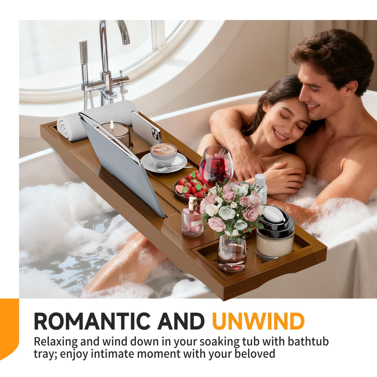 Foldable Bathtub Caddy Tray, Bamboo Bath Tub Tray Table for Tub with Wine Glass Holder Book Phone Tablet Holder with Extending Sides, Adjustable Bathroom Bathtub Free Soap Holder Gift Idea (Walnut)