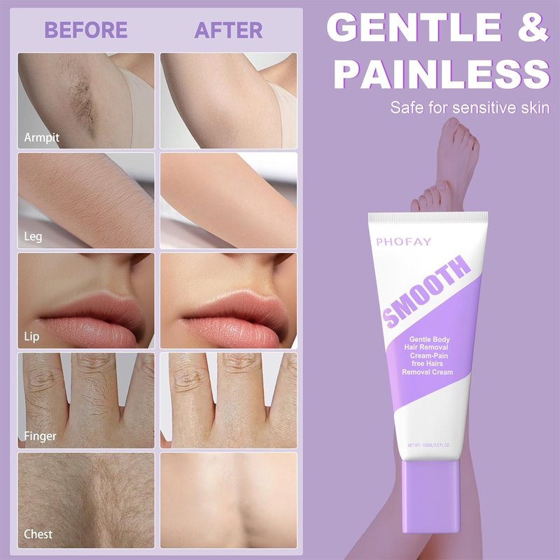 PHOFAY Hair Removal Cream - Fast-Acting Gentle Depilatory for Sensitive Skin | Travel Size 3.5 oz with Aloe & Hyaluronic Acid