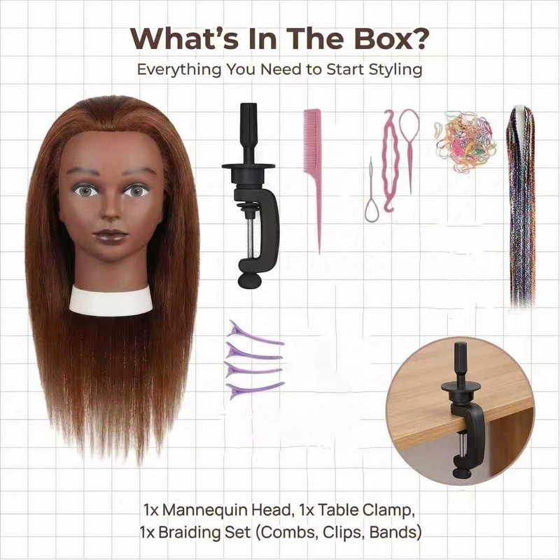 16 Inch 100% human hair mannequin head practice head for braiding manikin head with Clamp stand doll head for hair styling practice kit for kids and Cosmetology (Brown 16-inch)