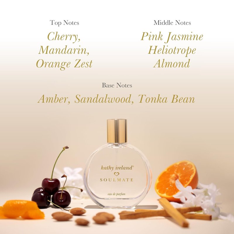 Kathy Ireland Soulmate - Floral, Fruity, Gourmand Perfume for Women - Eau de Parfum with Cherry, Mandarin, Pink Jasmine, Amber Notes - 0.34 oz