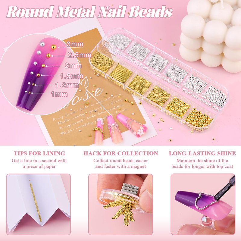 Flatback Pearls (White+Beige) and Metal Nail Beads (Silver+Gold) for Nail Art, Luxurious Pearl Nail Charms and Small Round Caviar Beads Nail Accessories for Acrylic Nail Tips Manicure Decor