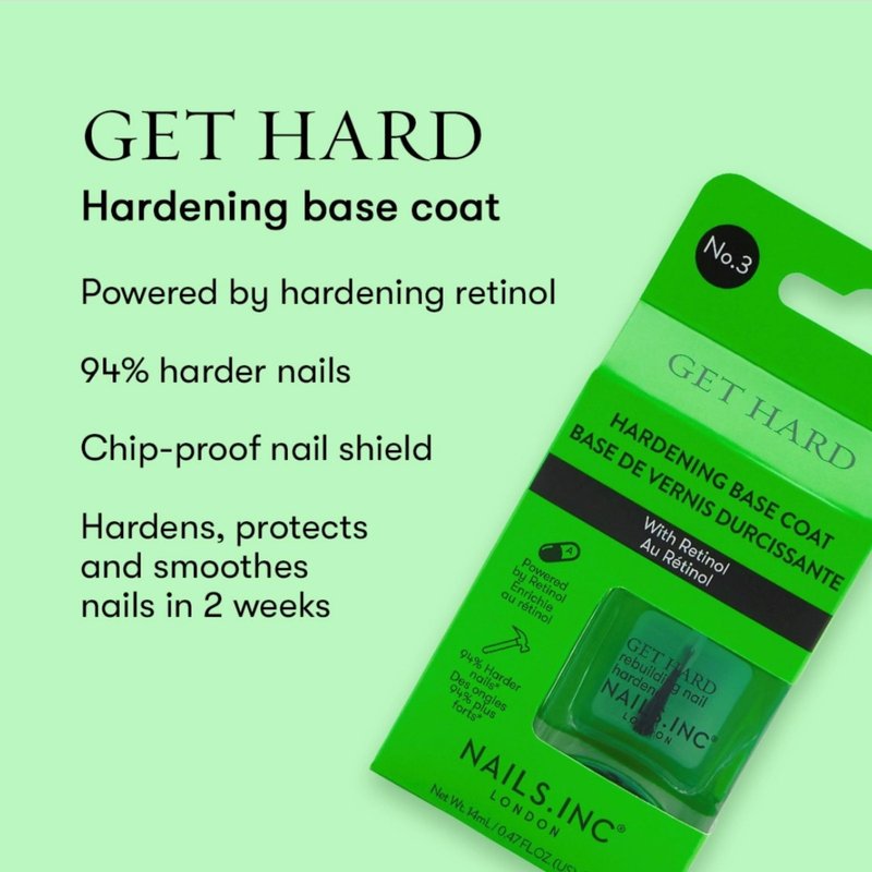 Nails Inc Get Hard, Hardening Base Coat, Retinol, Nail Strenthening, No Chip, Long Lasting, Quick Dry, Air Dry, Professional Manicures & Pedicures, Fingernails & Toenail, Vegan Nail Polish, 0.47 Fl Oz