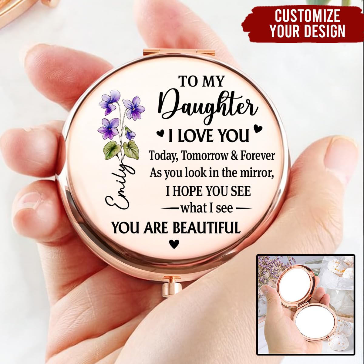Wrappiness Compact Mirror for Daughter from Mom - You are My Greatest Blessing, Personalized Birth Flower Mirror, Meaningful Gift for Teen or Adult Daughter, Elegant Keepsake on Birthdays