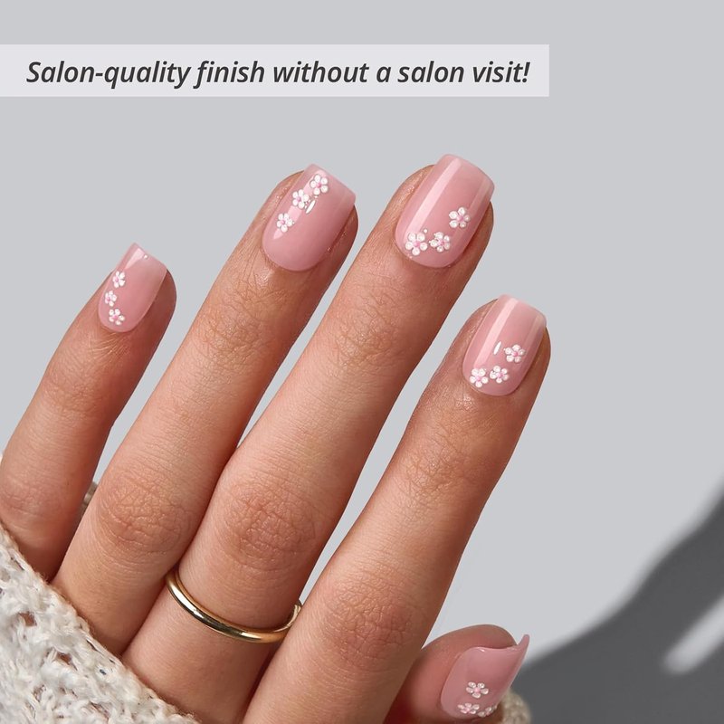 Press On Nails - Petalfall 3D Flower Design | Short Pink Square, 4-Week Wear, 16 Sizes, Easy Application