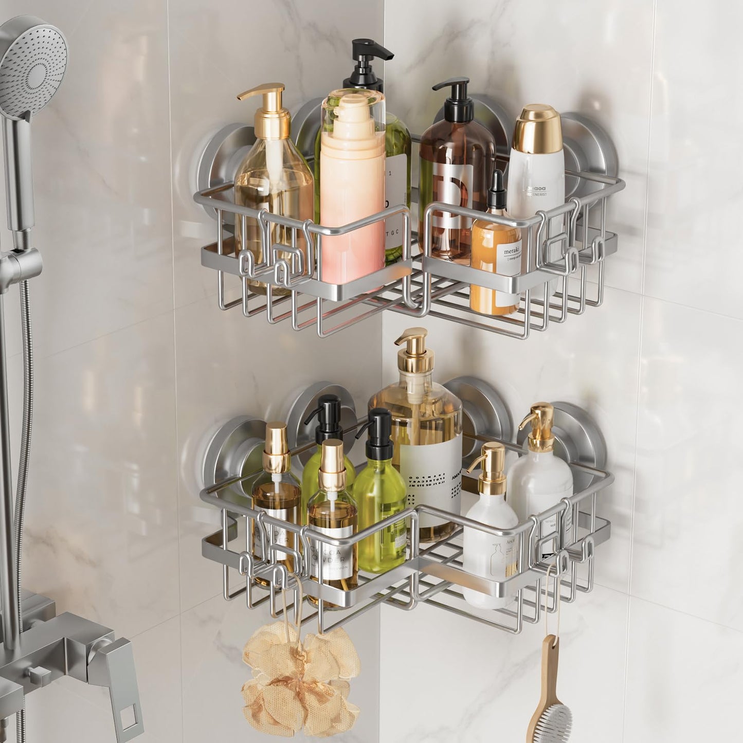 LEVERLOC 2 Pack Strong Suction Cup Corner Shower Caddy, Large Capacity Removable Bathroom Organizer, Stainless Steel Rustproof Shower Shelves with Hook, Drill-Free Wall Mounted Suction Basket, Black