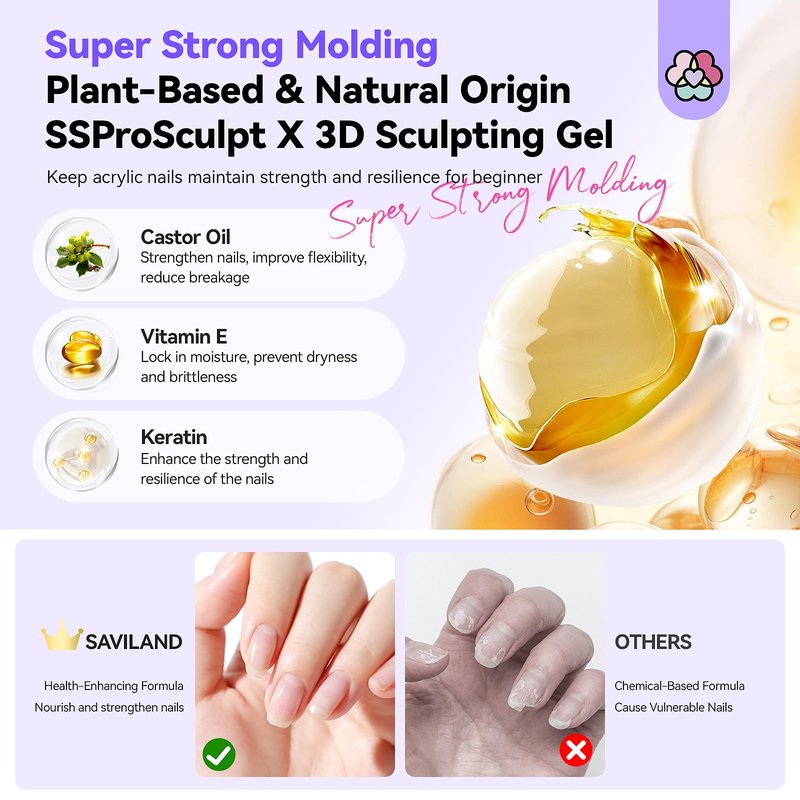 SAVILAND Clear 3D Nail Gel Kit: 15g No Wipe 3D Sculpting Gel with Metallic Gold Silver Chrome Powder for Nail Art Carving, Molding & Painting Home DIY Salon Manicure Supplies